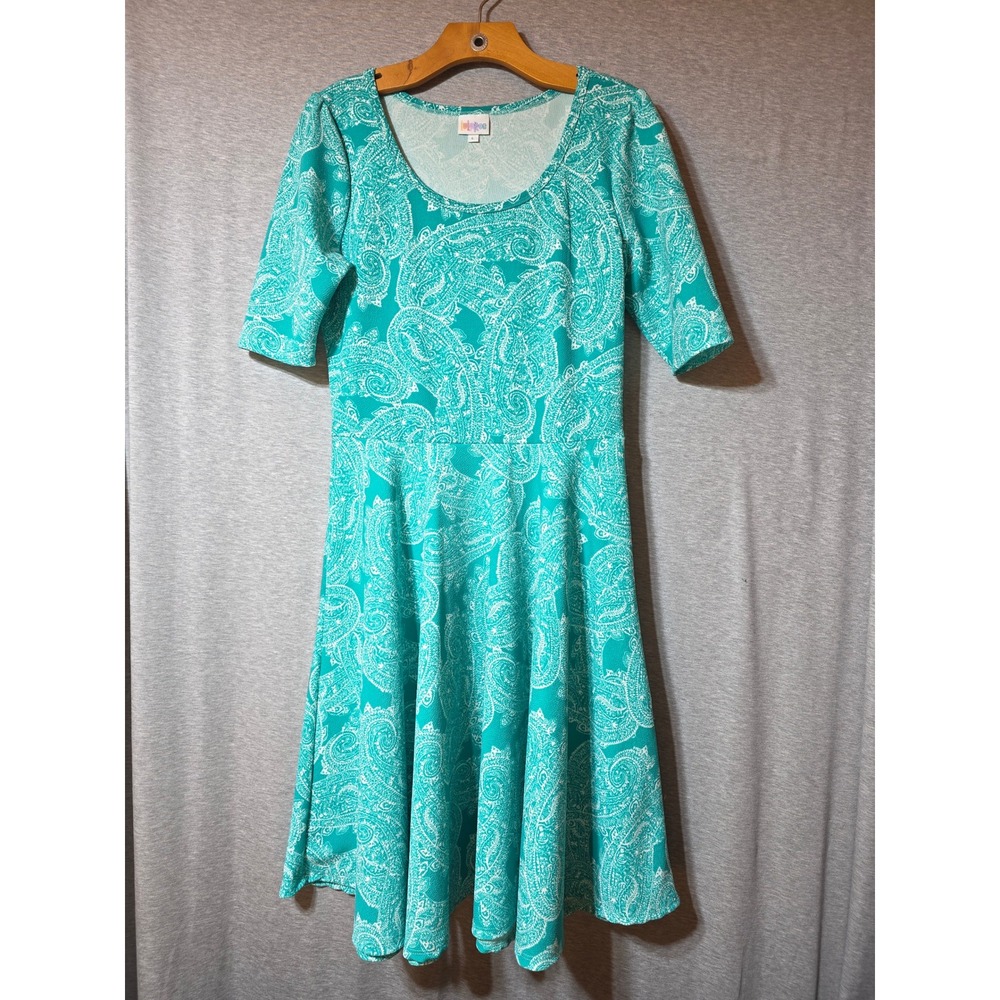 LuLaRoe Nicole Dress Large Teal White Paisley Fit Flare Elbow Sleeve Knee Length